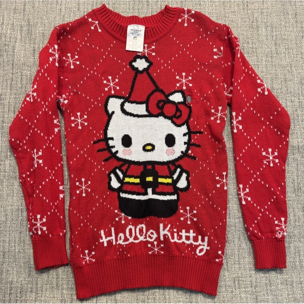 Hello Kitty Christmas Sweater Long Length Red And White Womens Size XXS‎